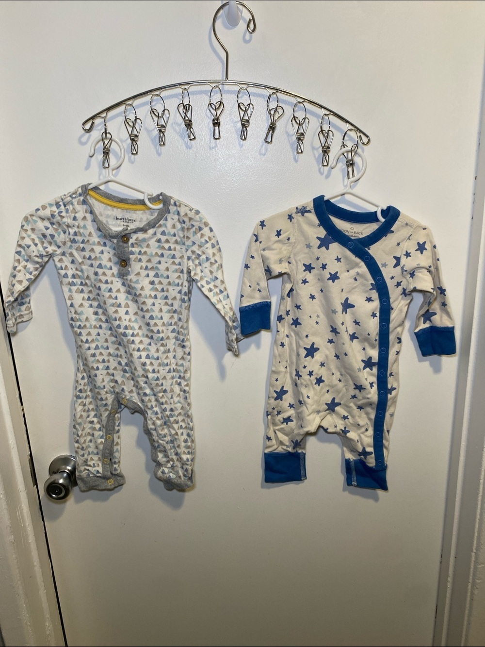 Burt's Bees & Moon Back Cream One-Piece Footies with Blue Star & Triangle Prints